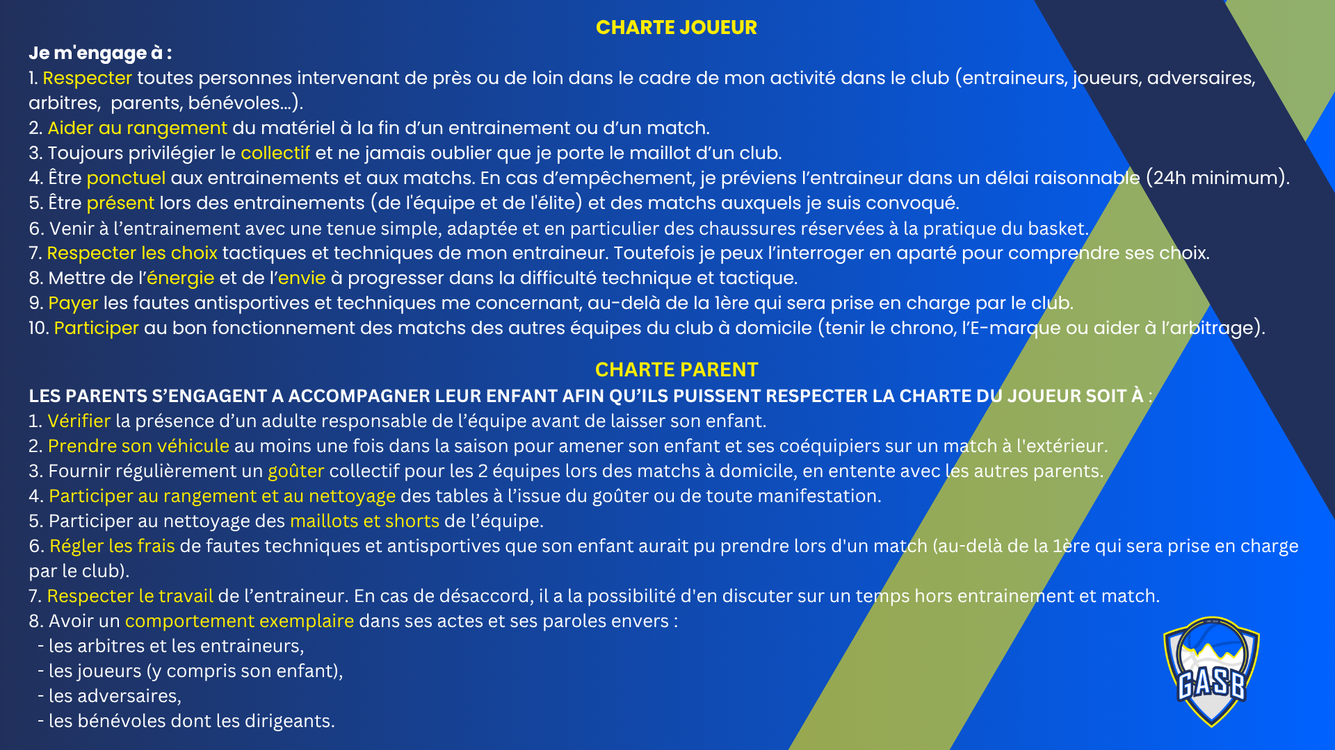 Section CHARTE du joueur et du parent